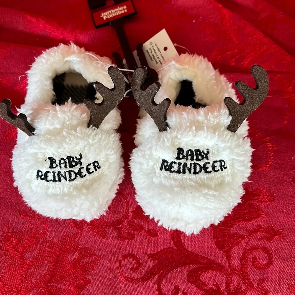 Baby Reindeer antlers Sherpa plaid slippers